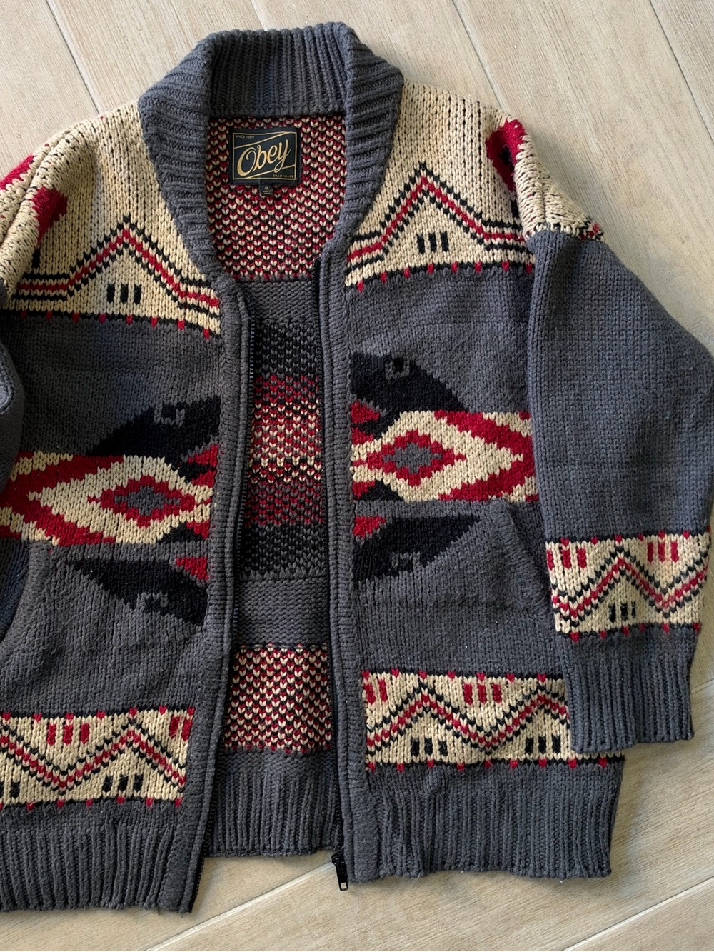 Obey Men's / Unisex Charcoal Zip Cardigan with Red and Cream Aztec Motif